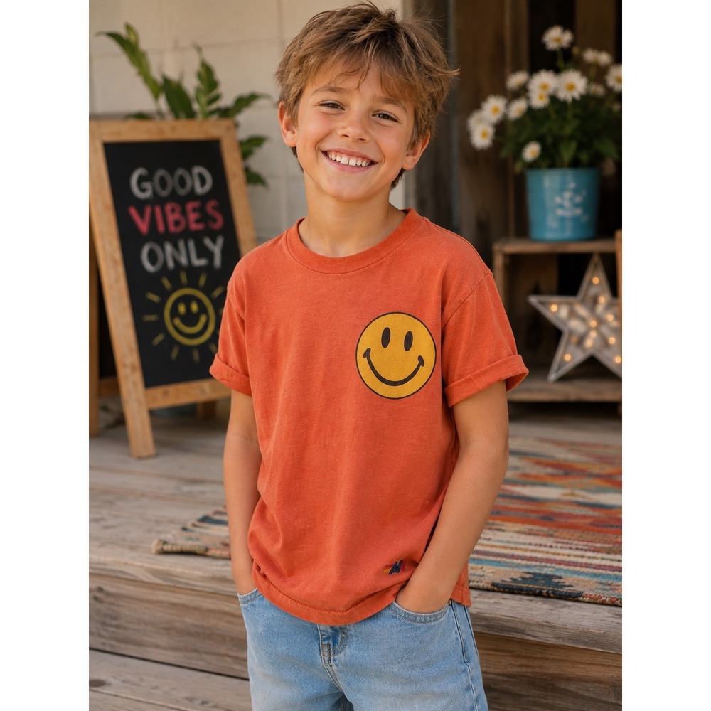 Aviator Nation Kids Orange Smiley Face Graphic T-Shirt Size 8 Made in USA